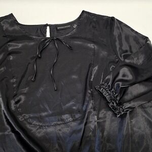 Goodclothes Satin Blouse Women 1X Black Tie Neck 3/4 Sleeve Ruffle Cuff Top